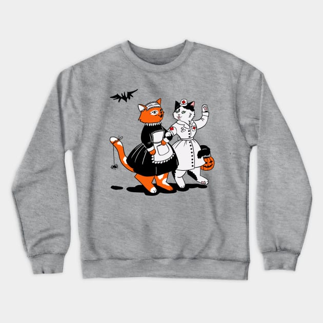 two cats in costumes nurse and maid trick and threats Crewneck Sweatshirt by Vikki.Look